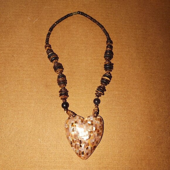 Handcrafted Heart Pendant Necklace With Beaded Brown Tones & Mosaic Shell Design - Picture 3 of 9